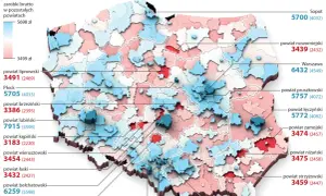 Mapa Polski pokazująca zarobki. Kolory wskazują, gdzie mediana zarobków jest najwyższa (niebieski) lub najniższa (czerwony).