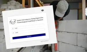 System logowania do egzaminów zawodowych. Mężczyzna w czapce z daszkiem buduje ścianę z pustaków.