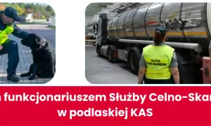 Funkcjonariusz Służby Celno-Skarbowej z psem patrolowym i pracownicy kontrolujący cysternę. Nabór do służby celnej trwa!