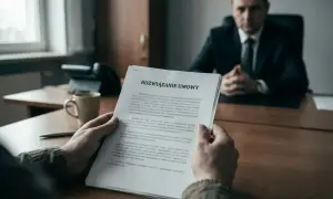 Mężczyzna trzyma dokument "Rozwiązanie umowy", przygotowując się do rozmowy o tym, jak napisać rezygnację.