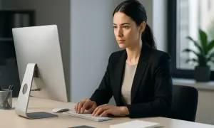 Kobieta w biurze pracuje przy komputerze. To idealny przykład zawodu przyszłości dla kobiet, pełnego możliwości rozwoju i sukcesu.