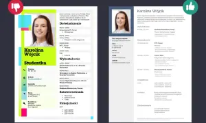 Przykładowe CV studentki Karolina Wójcik, z sekcjami: doświadczenie, wykształcenie, umiejętności i zainteresowania.
