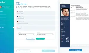 Sekcja "Języki obce" w kreatorze CV. Określanie poziomów znajomości języka cv: angielski, francuski, niemiecki, polski.