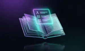 Szklana księga z neonowym zarysem listy zadań, przypominająca, co powinno zawierać CV.