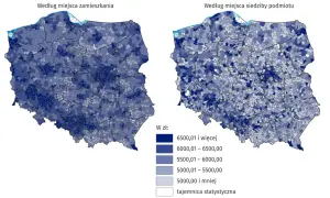 Mapy Polski pokazujące średnią pensję w zł. Różne odcienie niebieskiego oznaczają przedziały zarobków od 5000 zł i mniej do 6500 zł i więcej.