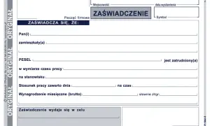 Formularz zaświadczenia o zatrudnieniu, zawierający dane pracownika, stanowisko, wynagrodzenie i cel wydania.