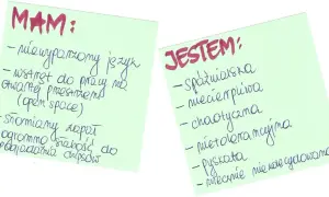 Mocne i słabe strony przykłady: "Mam" - niewyparzony język, wstręt do pracy w open space, słomiany zapał. "Jestem" - spóźnialska, chaotyczna, niecierpliwa.