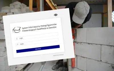 System logowania do egzaminów zawodowych. Mężczyzna w czapce z daszkiem buduje ścianę z pustaków.