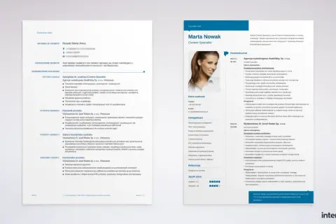 CV Marty Nowak, Content Specialist. Dokument zawiera podanie o zatrudnienie, opisując jej doświadczenie zawodowe i umiejętności.