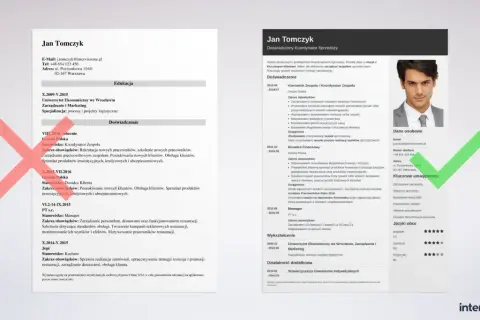 CV Jana Tomczyka, z sekcją "Kluczowe umiejętności" i informacją, jaką czcionką pisać CV.