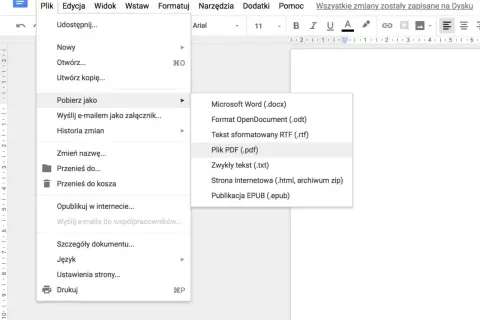 Wybierz "Pobierz jako" > "Plik PDF (.pdf)", aby wysłać CV w odpowiednim formacie.
