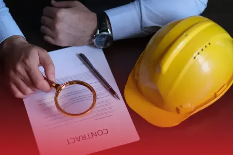 Dłoń z lupą nad umową, obok żółty kask i długopis.