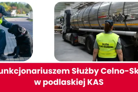 Funkcjonariusz Służby Celno-Skarbowej z psem patrolowym i pracownicy kontrolujący cysternę. Nabór do służby celnej trwa!