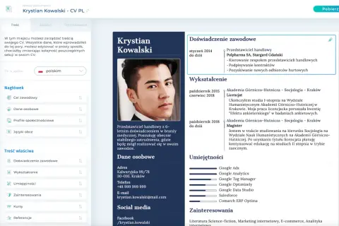 Krystian Kowalski tworzy CV dla nieletnich, prezentując swoje doświadczenie i wykształcenie.
