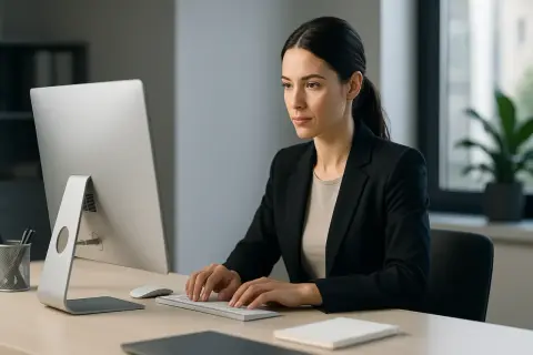 Kobieta w biurze pracuje przy komputerze. To idealny przykład zawodu przyszłości dla kobiet, pełnego możliwości rozwoju i sukcesu.