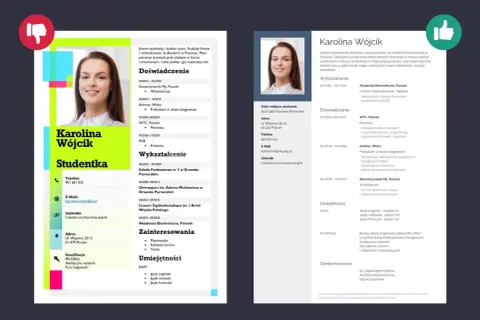 Przykładowe CV studentki Karolina Wójcik, z sekcjami: doświadczenie, wykształcenie, umiejętności i zainteresowania.