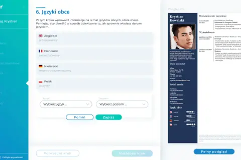 Sekcja "Języki obce" w kreatorze CV. Określanie poziomów znajomości języka cv: angielski, francuski, niemiecki, polski.