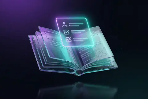 Szklana księga z neonowym zarysem listy zadań, przypominająca, co powinno zawierać CV.