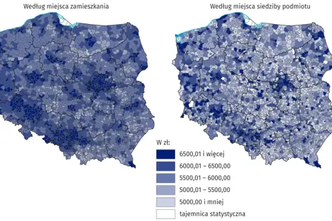 Mapy Polski pokazujące średnią pensję w zł. Różne odcienie niebieskiego oznaczają przedziały zarobków od 5000 zł i mniej do 6500 zł i więcej.