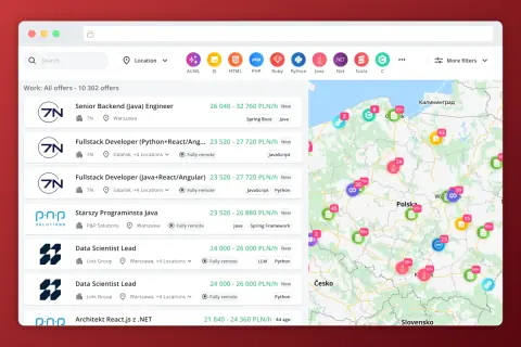Przegląd ofert pracy dla programistów: zobacz, ile zarabia programista w Polsce, od backend do fullstack. Mapa pokazuje lokalizacje ofert.