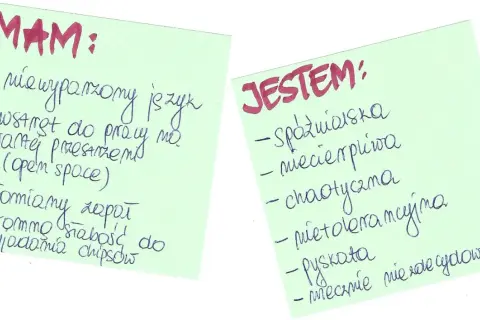 Mocne i słabe strony przykłady: "Mam" - niewyparzony język, wstręt do pracy w open space, słomiany zapał. "Jestem" - spóźnialska, chaotyczna, niecierpliwa.