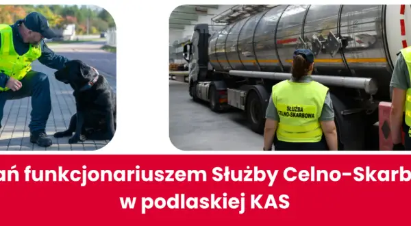 Funkcjonariusz Służby Celno-Skarbowej z psem patrolowym i pracownicy kontrolujący cysternę. Nabór do służby celnej trwa!
