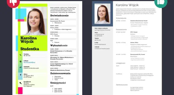 Przykładowe CV studentki Karolina Wójcik, z sekcjami: doświadczenie, wykształcenie, umiejętności i zainteresowania.