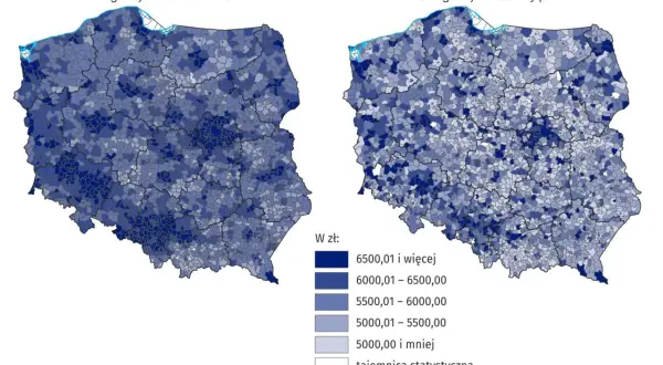 Mapy Polski pokazujące średnią pensję w zł. Różne odcienie niebieskiego oznaczają przedziały zarobków od 5000 zł i mniej do 6500 zł i więcej.