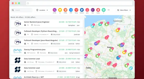 Przegląd ofert pracy dla programistów: zobacz, ile zarabia programista w Polsce, od backend do fullstack. Mapa pokazuje lokalizacje ofert.