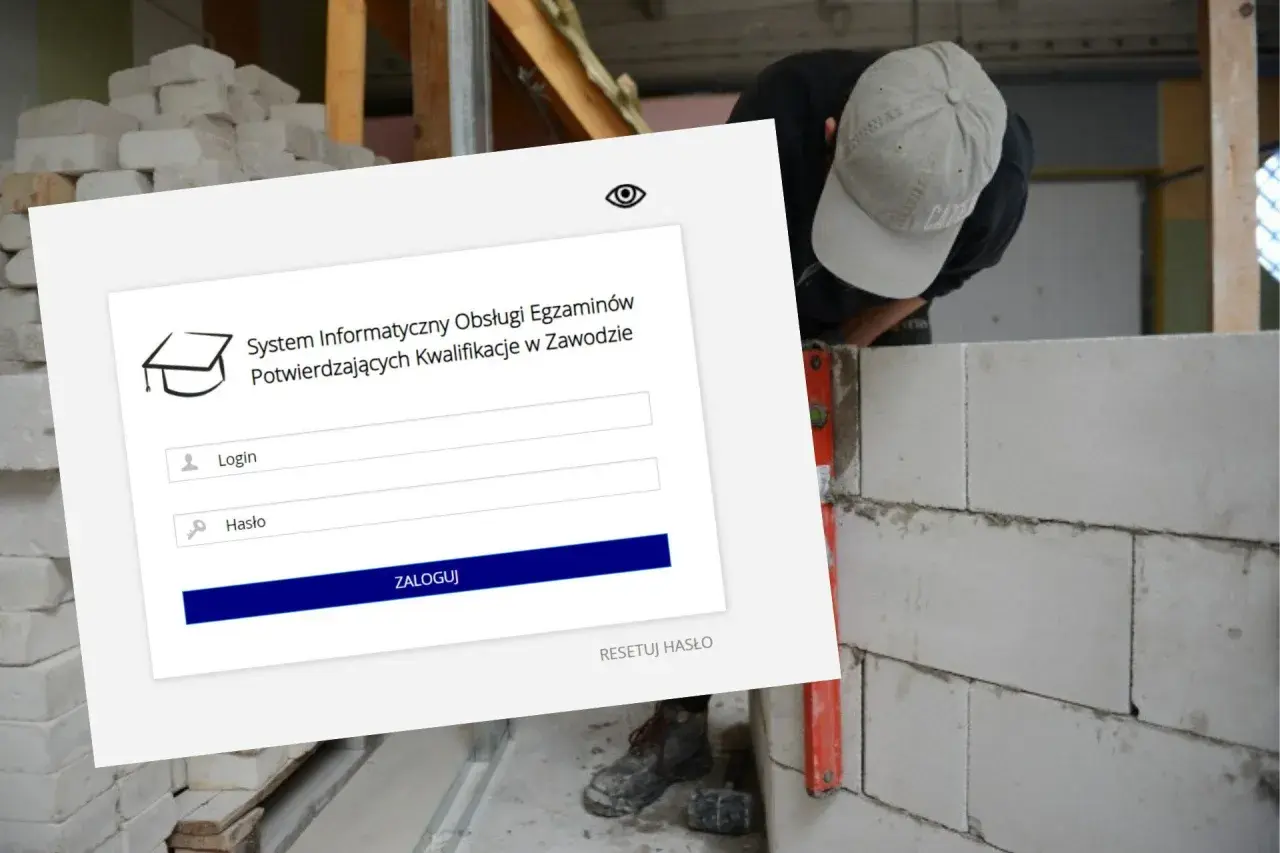 System logowania do egzaminów zawodowych. Mężczyzna w czapce z daszkiem buduje ścianę z pustaków.