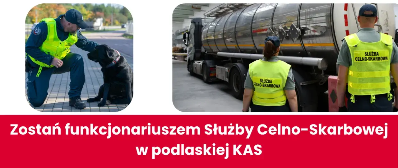 Funkcjonariusz Służby Celno-Skarbowej z psem patrolowym i pracownicy kontrolujący cysternę. Nabór do służby celnej trwa!