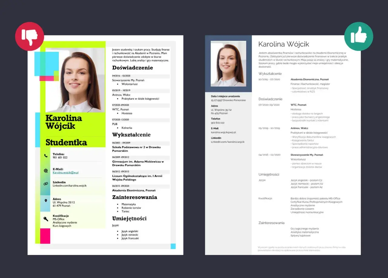 Przykładowe CV studentki Karolina Wójcik, z sekcjami: doświadczenie, wykształcenie, umiejętności i zainteresowania.