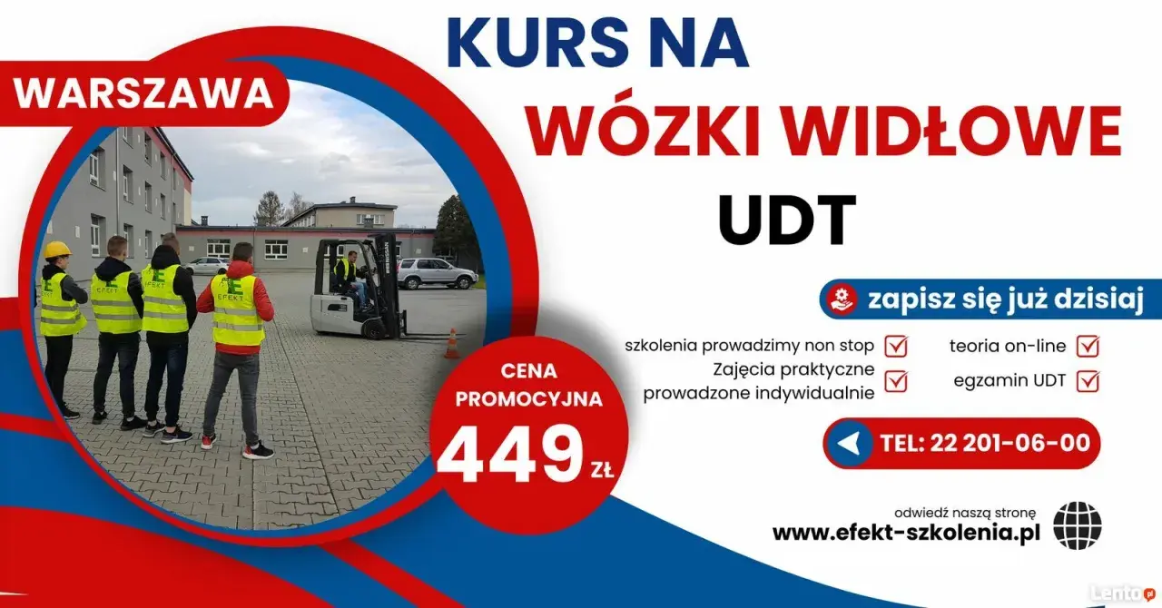 Kurs na wózki widłowe UDT w Warszawie. Szkolenie praktyczne i teoria online. Zapisz się już dziś!