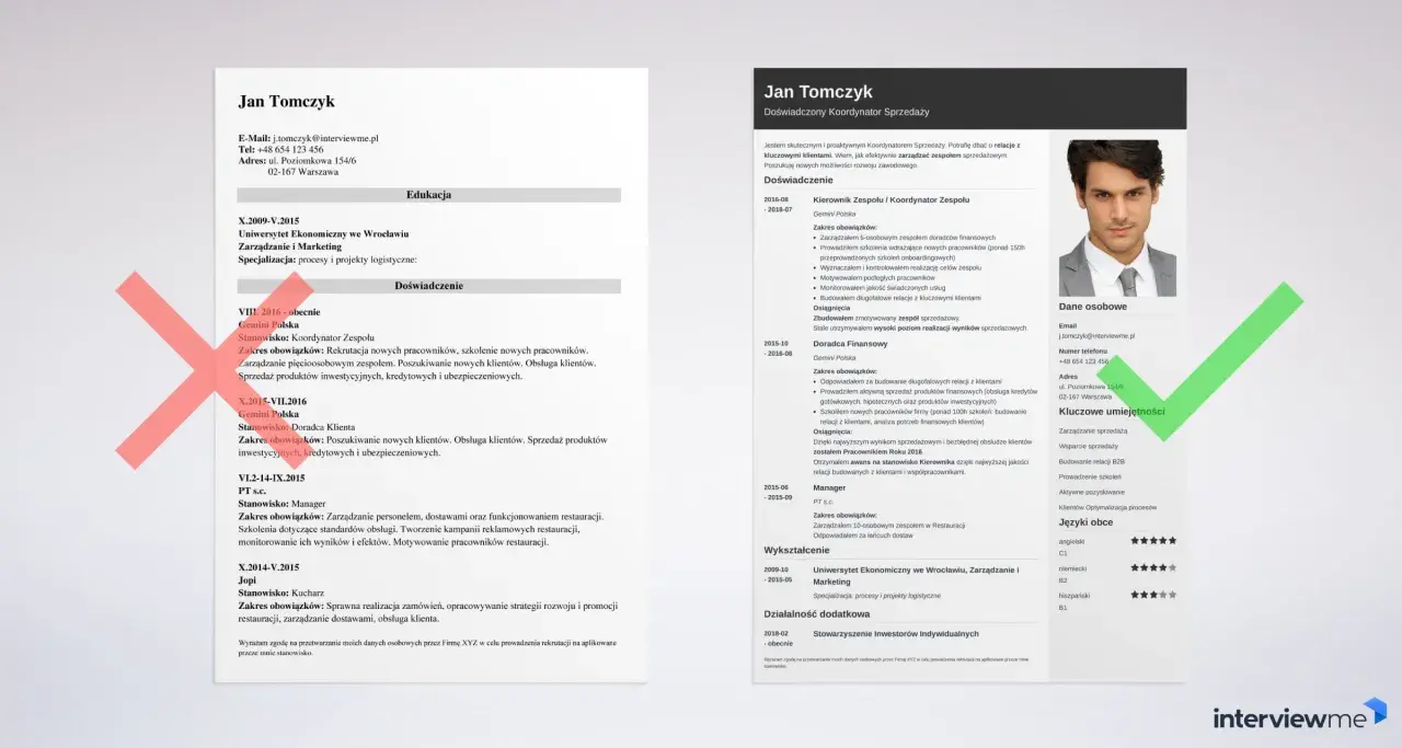CV Jana Tomczyka: wykształcenie na Uniwersytecie Ekonomicznym, doświadczenie w sprzedaży i zarządzaniu zespołem.