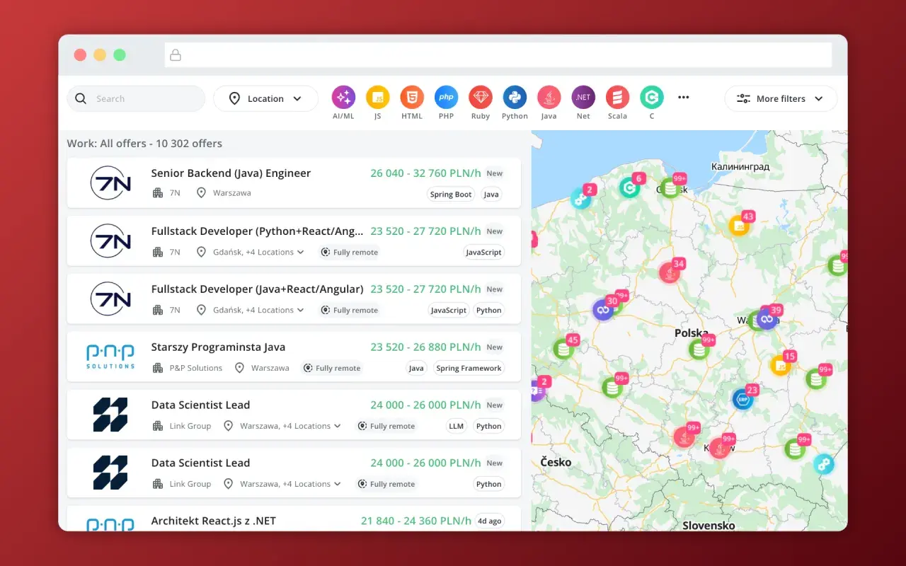 Przegląd ofert pracy dla programistów: zobacz, ile zarabia programista w Polsce, od backend do fullstack. Mapa pokazuje lokalizacje ofert.