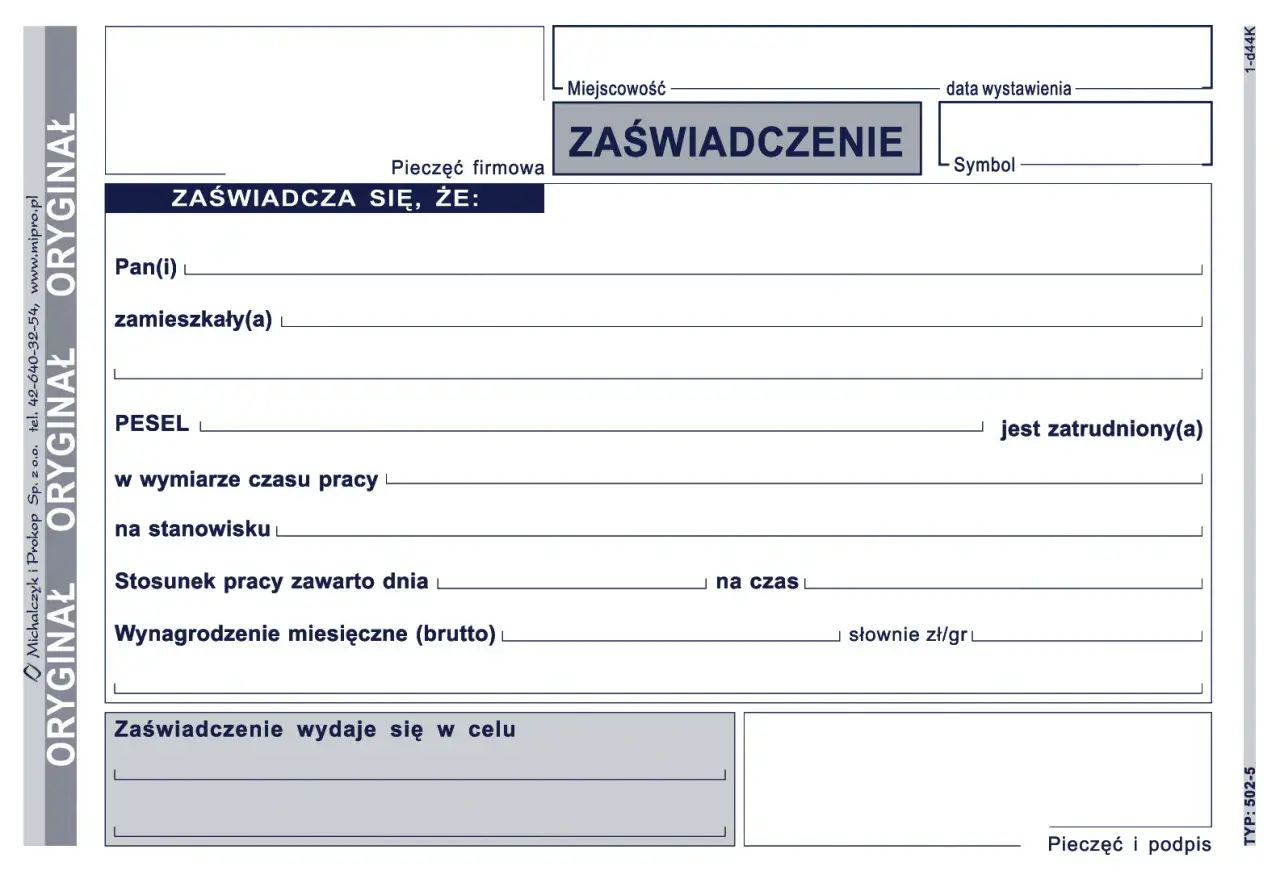 Formularz zaświadczenia o zatrudnieniu, zawierający dane pracownika, stanowisko, wynagrodzenie i cel wydania.