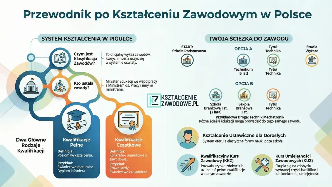 Schemat wyjaśnia, co to są kwalifikacje zawodowe, ich rodzaje (pełne i cząstkowe) oraz ścieżki kształcenia w Polsce.