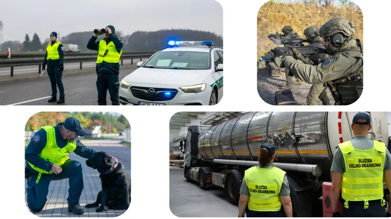 Służba celna nabór: funkcjonariusze na drodze, szkolenie strzeleckie, praca z psem tropiącym i kontrola cysterny.