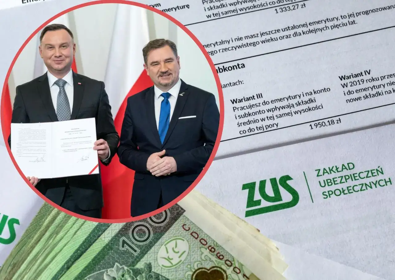 Politycy i dokumenty ZUS, a pod nimi banknoty. Ile lat pracy do emerytury?