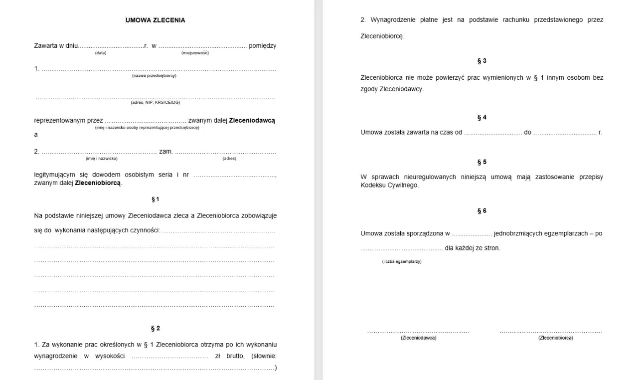 Umowa zlecenia. Dokument zawiera pola do wypełnienia dotyczące stron umowy, przedmiotu zlecenia, wynagrodzenia. Czy umowa zlecenie wlicza się do stażu pracy?