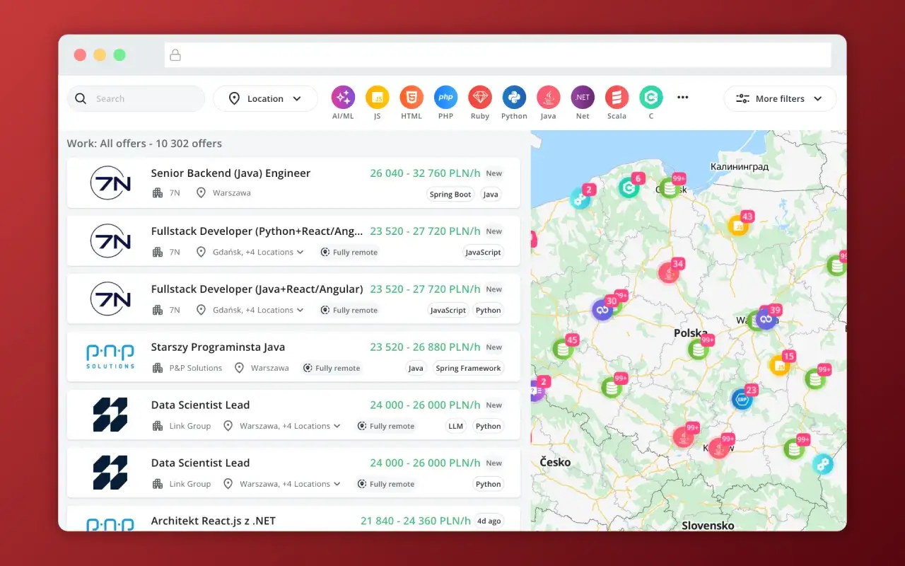 Przegląd ofert pracy dla programistów, pokazujący zarobki i lokalizacje. Zobacz, ile zarabia programista w Polsce.