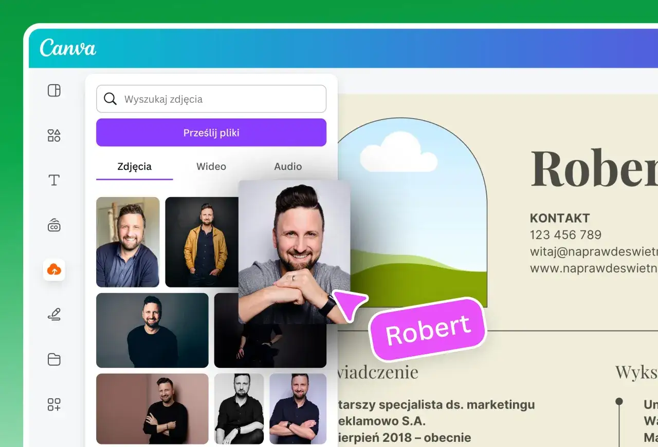 Canva pomaga w tworzeniu CV. Wybierz zdjęcie Roberta do swojego dokumentu.