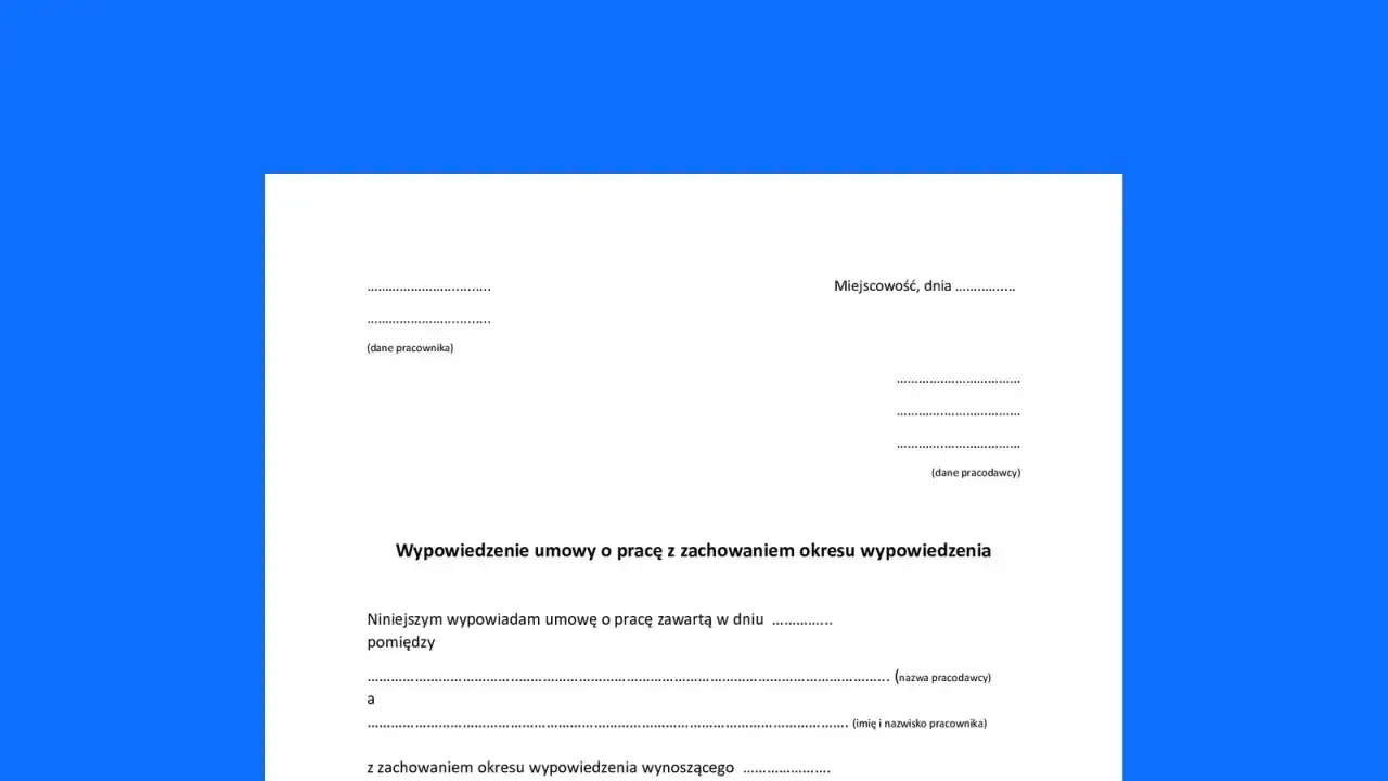 Dokument wypowiedzenia umowy o pracę. Informuje, kiedy można zwolnić pracownika zatrudnionego na czas nieokreślony, podając dane stron i okres wypowiedzenia.