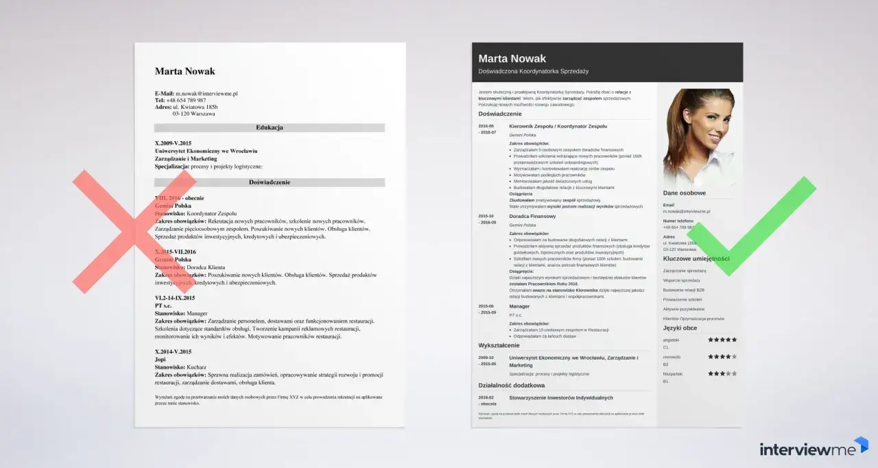Dwa przykłady CV: jedno z czerwonym krzyżykiem, drugie z zielonym zaznaczeniem. Pokazują, jak pisać CV, by było skuteczne.