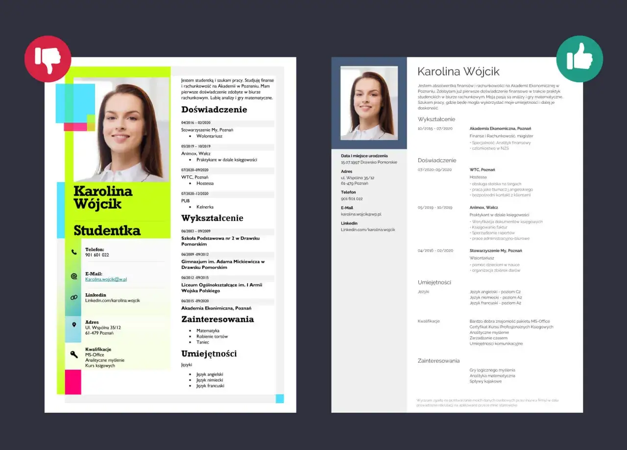 CV Karoliny Wójcik, studentki, z doświadczeniem i zainteresowaniami. Ile stron powinno mieć CV? To zależy od doświadczenia, ale to CV jest zwięzłe i czytelne.