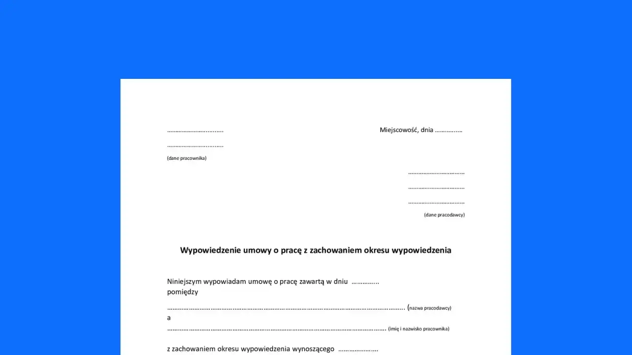 Dokument wypowiedzenia umowy o pracę z zachowaniem okresu wypowiedzenia. Czy na umowie zlecenie jest okres wypowiedzenia? Ten formularz dotyczy umowy o pracę.