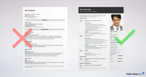 CV Jana Tomczyka, z sekcją "Kluczowe umiejętności" i informacją, jaką czcionką pisać CV.