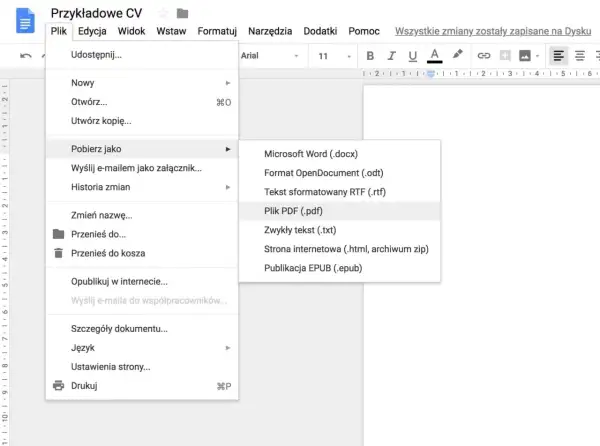 Wybierz "Pobierz jako" > "Plik PDF (.pdf)", aby wysłać CV w odpowiednim formacie.