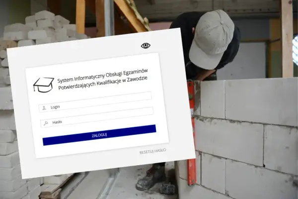 System logowania do egzaminów zawodowych. Mężczyzna w czapce z daszkiem buduje ścianę z pustaków.