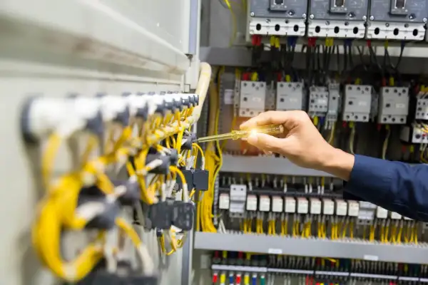 Elektryk sprawdza instalację elektryczną. Dokumentacja ZUS wykaz stanowisk pracy w szczególnych warunkach może być potrzebna przy pracach z takim okablowaniem.
